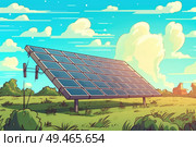 A solar panel stands in the center of a vast field, harnessing sunlight to produce renewable energy for sustainable use. Стоковое AI-изображение, AI-художник Данила Большаков / Фотобанк Лори