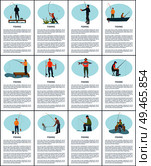 Fishing man from platform, boat and bank. Standing and sitting fishers with fish-rod and fish, full bucket and landing net, tackle vector illustration. Fishing Man from Platform, Boat and from Bank. Стоковая иллюстрация, агентство Ingram Publishing / Фотобанк Лори