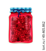 Traditional granny raspberry marmalade in rustic decorated glass jar. Sweet berry confiture or jam homemade conservation vector illustration isolated.. Raspberry Jam or Berry Marmalade in Glass Jar. Стоковая иллюстрация, агентство Ingram Publishing / Фотобанк Лори