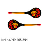Wooden decorated spoons set. Kitchen elements with painted ornaments, traditional folklore plants of Russia. Berries and leaves decor vector illustration. Wooden Decorated Spoons Set Vector Illustration. Стоковая иллюстрация, агентство Ingram Publishing / Фотобанк Лори