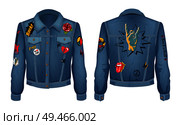 Horned gesture on jacket made of denim material. Roses and electric guitar patches, tongue and peace sign. Broken heart and flower vector illustration. Horned Gesture on Jacket, Vector Illustration. Стоковая иллюстрация, агентство Ingram Publishing / Фотобанк Лори