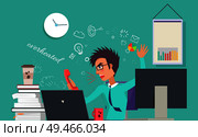 Overheated businessman poster, irritated worker, wearing formal suit, shouting on secretary on phone expressing anger and rage vector illustration. Overheated Businessman Poster Vector Illustration. Стоковая иллюстрация, агентство Ingram Publishing / Фотобанк Лори