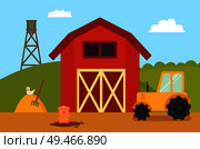 Farm building with animals. Ranch with tractor, hen on hay and pig in dirt. Swine and chicken, bowery and natural landscape set vector illustration. Farm Building with Animals Vector Illustration. Стоковая иллюстрация, агентство Ingram Publishing / Фотобанк Лори