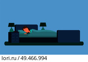 Sleeping lady lying under blanket in comfortable big bed, night time to sleep, woman fell asleep, vector illustration isolated on blue background. Sleeping Lady Under Blanket Vector Illustration. Стоковая иллюстрация, агентство Ingram Publishing / Фотобанк Лори