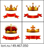 Crowns symbol of regal power and red banners set. Corona with diamonds and gemstones. Gold coronet diadem with golden cross on top isolated  vector. Crown Regal Power and Banner Vector Illustration. Стоковая иллюстрация, агентство Ingram Publishing / Фотобанк Лори