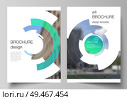 Vector layout of A4 format modern cover mockups design templates for brochure, magazine, flyer, booklet, report. Futuristic design circular pattern, circle elements forming geometric frame for photo. Vector layout of A4 format modern cover mockups design templates for brochure, magazine, flyer, booklet, report. Futuristic design circular pattern, circle elements forming geometric frame for photo. Стоковая иллюстрация, агентство Ingram Publishing / Фотобанк Лори