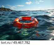 A red and white life preserver floating on the calm ocean water. Стоковое AI-изображение, AI-художник Данила Большаков / Фотобанк Лори