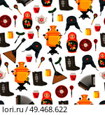 Russia items set souvenirs. Seamless pattern with winter hat samovar, cucumber and balalaika. Borshch with sour cream isolated on vector illustration. Russia Items Set Souvenirs Vector Illustration. Стоковая иллюстрация, агентство Ingram Publishing / Фотобанк Лори