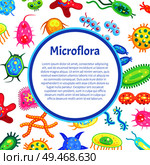Microflora poster with text sample in circular block and bacteria. Intestine microorganisms digestive molecules and germs. Organisms in bowel vector. Microflora Poster and Bacteria Vector Illustration. Стоковая иллюстрация, агентство Ingram Publishing / Фотобанк Лори