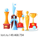 Trophy collection including glass figurine, gold cup and statuette on wooden holder and brilliant medal flat vector illustration isolated poster.. Triumph Trophy Golden and Glass Statuette Poster. Стоковая иллюстрация, агентство Ingram Publishing / Фотобанк Лори