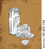 Soft drink and chips monochrome sketches outline set. Beer poured in aluminum can accompanied by fried potatoes slices with salt vector illustration. Soft Drink and Chips Sketches Vector Illustration. Стоковая иллюстрация, агентство Ingram Publishing / Фотобанк Лори