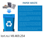 Paper waste posterr with headline, information about rubbish recycling process, container and disposal, garbage treatment banner vector illustration. Paper Waste Poster with Info Vector Illustration. Стоковая иллюстрация, агентство Ingram Publishing / Фотобанк Лори