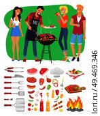 BBQ barbecue people and cooking tools isolated icons vector set. Cookout roasting meat beef and pork slices. Vegetables vesg, sauces and served dishes. BBQ Barbecue People and Tools Vector Illustration. Стоковая иллюстрация, агентство Ingram Publishing / Фотобанк Лори