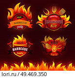 Grill barbecue party hot isolated icons set vector. Flames and frying pan, dinnerware and cutlery for barbeque. Spatula and sharp forks with sausages. Grill Barbecue Party Hot Set Vector Illustration. Стоковая иллюстрация, агентство Ingram Publishing / Фотобанк Лори