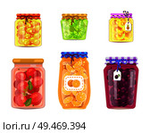 Unlabeled preserved tomato vegetable bottles and canned orange and lime fruit jars with tag on string. Groceries food conservation vector poster.. Exotic Citrus and Fruit Tomato Veggie Conservation. Стоковая иллюстрация, агентство Ingram Publishing / Фотобанк Лори