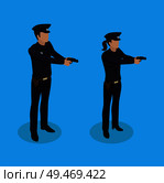 Police policeman and policewoman shooting. Guns in hand of officers with badges and protective uniform and vest. Weapon firearm of cops crusher vector. Police Policeman and Woman Vector Illustration. Стоковая иллюстрация, агентство Ingram Publishing / Фотобанк Лори