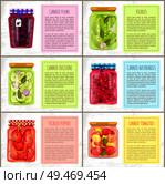Canned plums and pickles posters set. Cucumbers with dill and garlic zucchini with onion Tomatoes and pepper raspberries jam in glass jars vector. Canned Plums and Pickles Set Vector Illustration. Стоковая иллюстрация, агентство Ingram Publishing / Фотобанк Лори