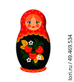 Russian nesting doll closeup. Wooden girl image decorated with floral elements, green leaves and strawberries. Matryoshka toy icon vector illustration. Russian Nesting Doll Closeup Vector Illustration. Стоковая иллюстрация, агентство Ingram Publishing / Фотобанк Лори