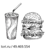 Cold soft beverage and huge burger graphic art, vector illustration of fresh soda in cardboard cup with print, hamburger with cheese and meat cutlets. Cold Soft Beverage and Huge Burger Graphic Art. Стоковая иллюстрация, агентство Ingram Publishing / Фотобанк Лори