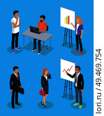 Businessman and secretary woman set of working people 3d isometric. Developer using laptop presenter with whiteboard and charts information vector. Businessman and Secretary Set Vector Illustration. Стоковая иллюстрация, агентство Ingram Publishing / Фотобанк Лори