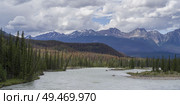 River flowing through forest with mountains in the background, Athabasca River, Icefields Parkway, Jasper, Alberta, Canada. Стоковое фото, агентство Ingram Publishing / Фотобанк Лори