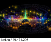 Color Oscillation. Optical Flow series. Backdrop of  color lines and lights isolated on black background to complement designs on the subject of technology, design and education. Стоковое фото, агентство Ingram Publishing / Фотобанк Лори