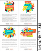 Best choice sale offer set of posters. Promotion retail of natural products seasonal sellout discounts premium quality and exclusive reductions vector. Best Choice Sale Offer Set Vector Illustration. Стоковая иллюстрация, агентство Ingram Publishing / Фотобанк Лори