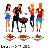 People on BBQ party isolated icons vector. Man serving food on plate skewer and well done beefsteak. Served dish with vegetables veggies roasted meat. People on BBQ Party Icons Vector Illustration. Стоковая иллюстрация, агентство Ingram Publishing / Фотобанк Лори