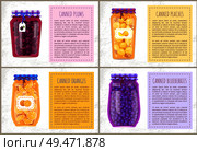 Canned plums, and blueberries, peaches and oranges jars with stickers. Vector preserved food, conserved natural products for shop, canned conservation poster.. Canned Citruses and Berries with Stickers Poster. Стоковая иллюстрация, агентство Ingram Publishing / Фотобанк Лори