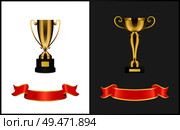 Gold award cups and ribbons for signature, different form trophy for competition reward isolated. Vector prize attributes, golden bows on stand. Gilded Contest or Competition Awards and Ribbons. Стоковая иллюстрация, агентство Ingram Publishing / Фотобанк Лори