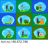 Farmer taking care of plants and animals on farm cartoon set of vector banners. Farming man and woman working in garden, watering plants and sow seeds. Farmer Taking Care of Plants and Animals on Farm. Стоковая иллюстрация, агентство Ingram Publishing / Фотобанк Лори