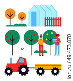Harvesting people and fruit trees greenhouse hothouse to grow plants. Tractor for vegetables transportation trailer. Farmers workers in orchard vector. Harvesting People Fruit Trees Vector Illustration. Стоковая иллюстрация, агентство Ingram Publishing / Фотобанк Лори
