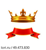 Ribbon and crown icons set closeup. Coronet made of gold with cross and decorative elements. Empty red banner with yellow edges isolated on vector. Ribbon and Crown Icons Set Vector Illustration. Стоковая иллюстрация, агентство Ingram Publishing / Фотобанк Лори