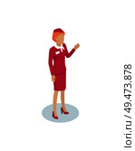Fly attendant greeting 3D icon. Stewardess welcoming people on board. Air hostess in red uniform with name badge on jacket airlines isolated on vector. Fly Attendant Greeting Icon Vector Illustration. Стоковая иллюстрация, агентство Ingram Publishing / Фотобанк Лори