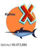 Letter X for Xiphias cartoon alphabet for children. Volume symbol with pattern, swordfish ocean animal with long nose-needle, vector icon isolated. Letter X for Xiphias cartoon alphabet for children. Стоковая иллюстрация, агентство Ingram Publishing / Фотобанк Лори