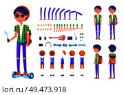 Young teenager with hoverboard isolated icons set vector. Boy with have, mobile phone, headphones and guitar musical instrument. Backpack and gestures. Young Teenager with Hoverboard Icons Set Vector. Стоковая иллюстрация, агентство Ingram Publishing / Фотобанк Лори