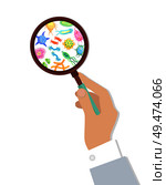 Bacteria in magnifying glass held by human hand. Microorganisms set shown by examination and analysis. Pathogen molecule detection isolated vector. Bacteria in Magnifying Glass Vector Illustration. Стоковая иллюстрация, агентство Ingram Publishing / Фотобанк Лори