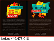 Premium discount hot price exclusive autumnal offer posters set. Decreased prices quality products and reduction on goods. Seasonal promotional vector. Premium Discount Hot Price Vector Illustration. Стоковая иллюстрация, агентство Ingram Publishing / Фотобанк Лори