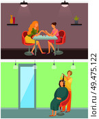 Spa salon hair styling and manicure procedure beauty set vector. Manicurist talking to clint and caring for nails, hairdresser making new hairstyle. Spa Salon Hair Styling and Manicure Set Vector. Стоковая иллюстрация, агентство Ingram Publishing / Фотобанк Лори