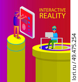 Interactive reality men using innovative technologies. Person touching screen with prints, male sitting on table by laptop wearing vr goggles vector. Interactive Reality Screen Vector Illustration. Стоковая иллюстрация, агентство Ingram Publishing / Фотобанк Лори