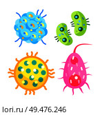 Bacteria virus cells, microbes vector icons. Colorful microorganisms with long tails, organelles and flagella, double and unicellular germs isolated. Bacteria virus cells set, microbes vector icon. Стоковая иллюстрация, агентство Ingram Publishing / Фотобанк Лори