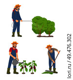 Farming man with sprayer icons vector. Curing bushes and protecting leaves from incest, watering plantation of aubergines. Male with compost and rake. Farming Man with Sprayer Set Vector Illustration. Стоковая иллюстрация, агентство Ingram Publishing / Фотобанк Лори
