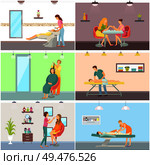 Body wrap and visage makeup applying of specialist visagiste with cosmetics on shelves. Manicure and hair styling, massage and hairstyle set vector. Body Wrap and Visage Makeup Applying Set Vector. Стоковая иллюстрация, агентство Ingram Publishing / Фотобанк Лори