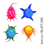 Different bacteria or microbe types vector applique. Pear and star shaped, tortoise microscopic creatures with fancy feelers flat cartoon poster.. Different Shaped Bacteria Microscopic Creatures. Стоковая иллюстрация, агентство Ingram Publishing / Фотобанк Лори