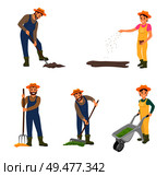 Farming people digging land, sowing seeds set. Isolated icons of man and woman working on ground. Farmer with hayfork and rake, pulling trolley vector. Farming People Sowing Set Vector Illustration. Стоковая иллюстрация, агентство Ingram Publishing / Фотобанк Лори
