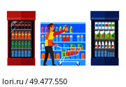 Supermarket shop with fridges and beverage drinks vector. Male worker putting plastic bottles on shelves. Milk and juices, coda and liquids in package. Supermarket Shop with Fridges and Drinks Vector. Стоковая иллюстрация, агентство Ingram Publishing / Фотобанк Лори