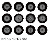 Tire service, vector emblem in cartoon style. Set of new wheels for changing, studded and smooth tires, for winter and summer season, job theme isolated. Tire Service, Vector Emblem, in Cartoon Style. Стоковая иллюстрация, агентство Ingram Publishing / Фотобанк Лори