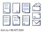 Office documents and papers monochrome sketches outline isolated icons set vector. Postal message signs and pages with stamps and signatures of people. Office Documents and Papers Monochrome Set Vector. Стоковая иллюстрация, агентство Ingram Publishing / Фотобанк Лори