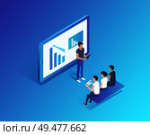Computer monitor with information vector isolated isometric icon 3d. Presenter with diagrams charts explaining details to listeners workers on bench. Computer Monitor with Info Vector Illustration. Стоковая иллюстрация, агентство Ingram Publishing / Фотобанк Лори