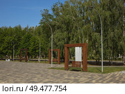 Деревянные качели в парке «Центральный». Город Балаково, Саратовская область, Россия. Редакционное фото, фотограф Неведицына Елена / Фотобанк Лори